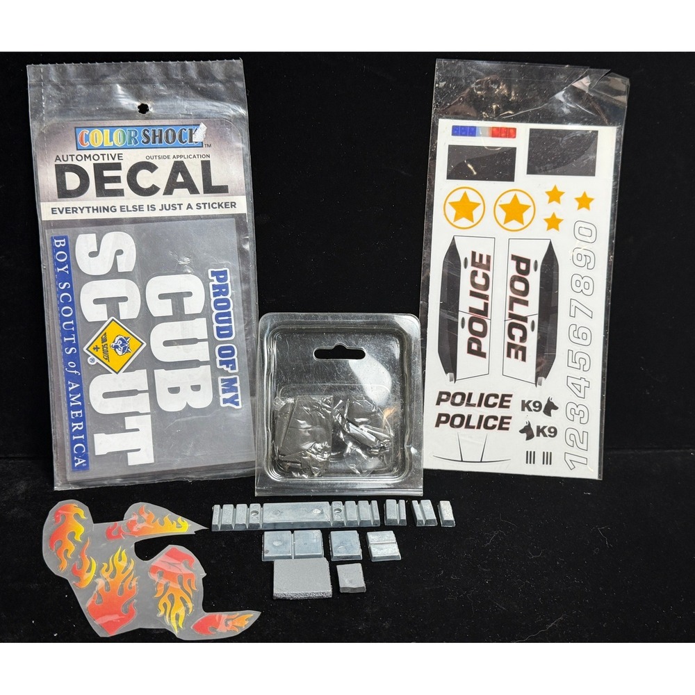 Pinewood Derby Accessories Lot Cub Scout Decal Police Stickers Weights Foam